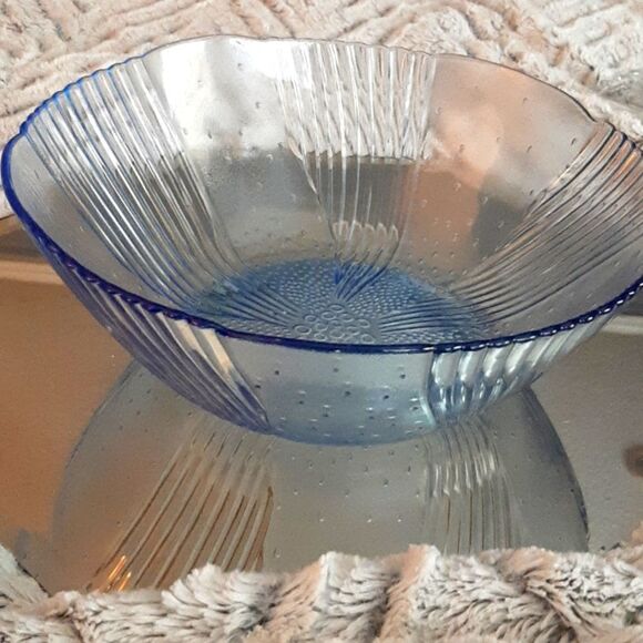 Forte Crisa Mexico Azore Blue Art Deco Glass Large Serving Bowl Vintage - Picture 3 of 6